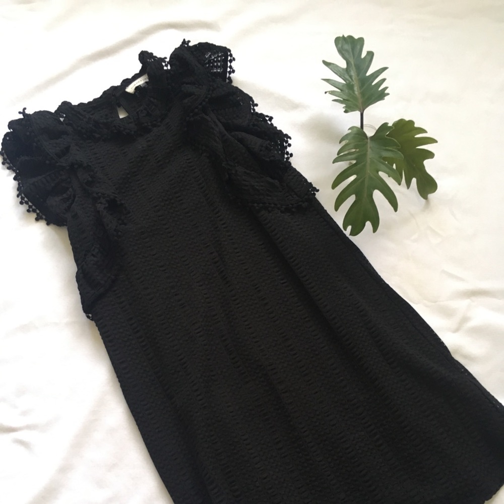 Little black crochet dress with ruffle sleeves